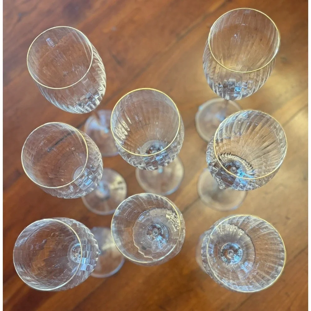 Set of 8 Gorham Laurin Gold Tall Crystal Wine Glasses Goblets 9
